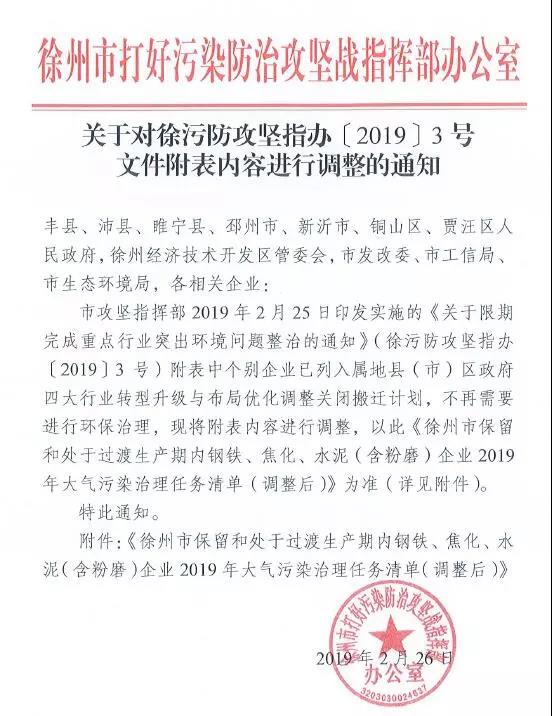 《徐州處于保留和過渡期內(nèi)鋼鐵、水泥、焦化企業(yè)2019年大氣污染治理任務(wù)清單》